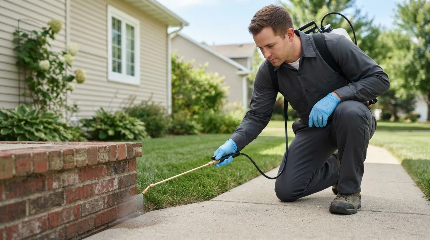 Pest control technician treating a home near Birnamwood, WI