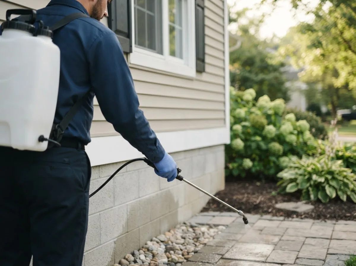 Pest control technician inspecting a home in Birnamwood, WI
